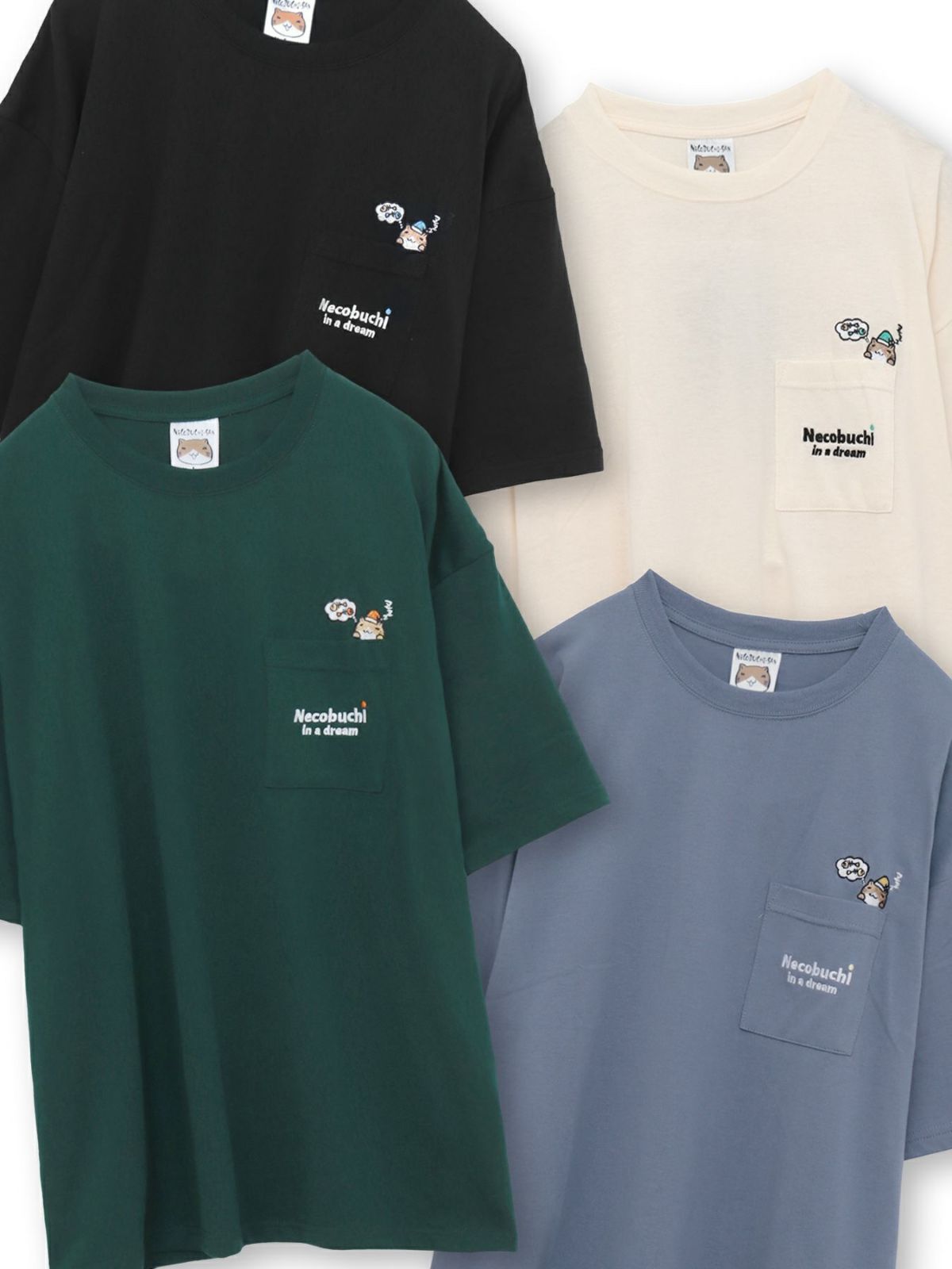 【NECOBUCHI-SAN】猫渕さん総刺繍BIGシルエット ポケット付きTシャツ