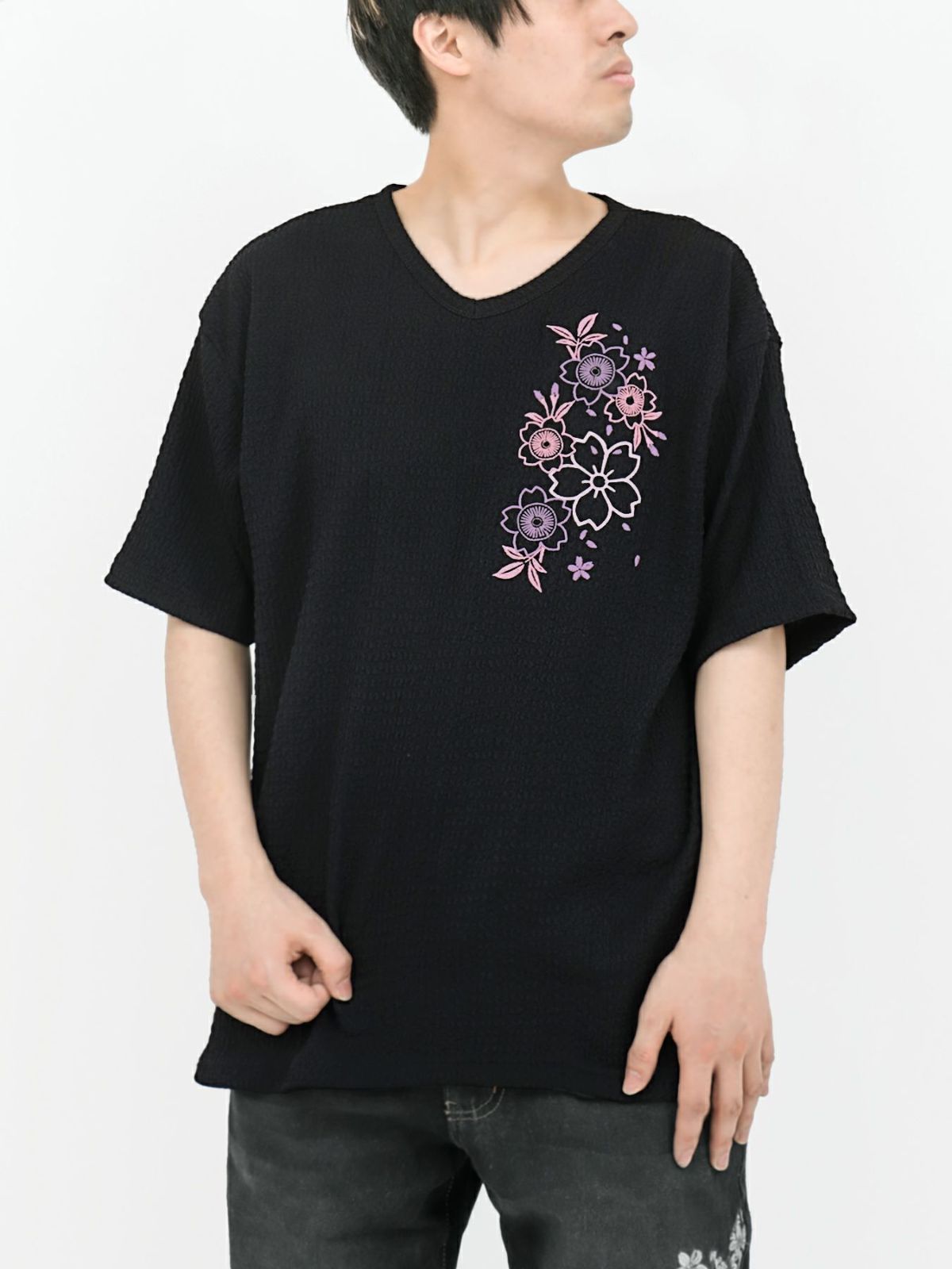 【雅結】桜刺繍 楊柳生地VネックTシャツ