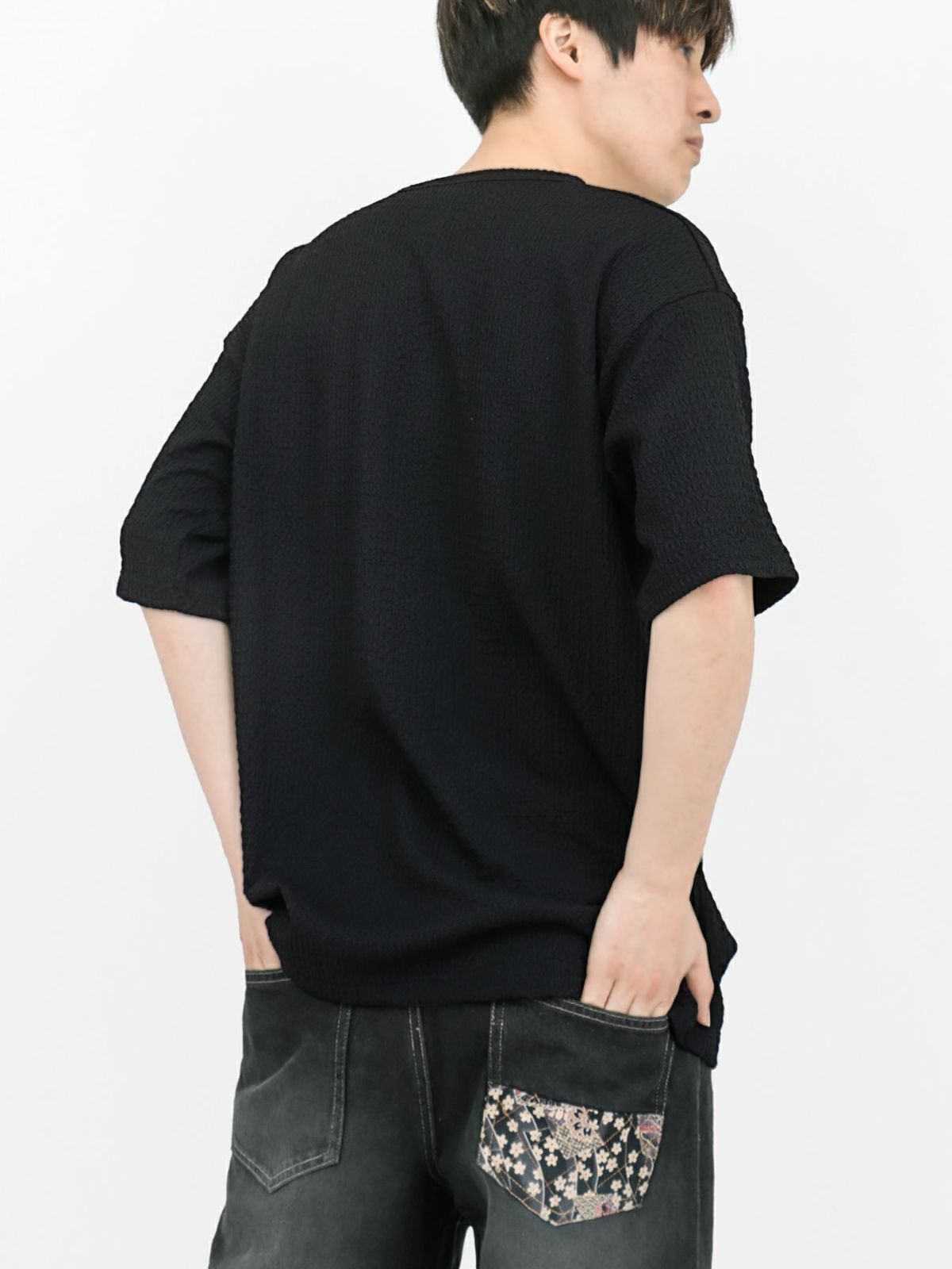 【雅結】桜刺繍 楊柳生地VネックTシャツ