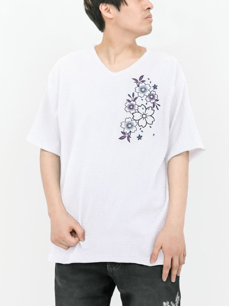 【雅結】桜刺繍 楊柳生地VネックTシャツ