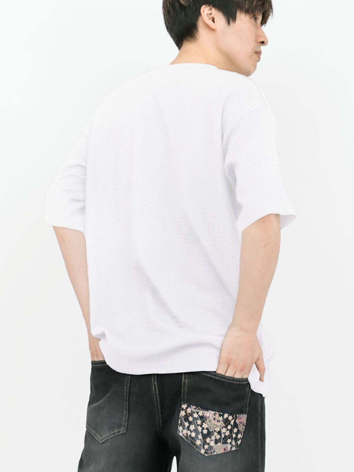 【雅結】桜刺繍 楊柳生地VネックTシャツ