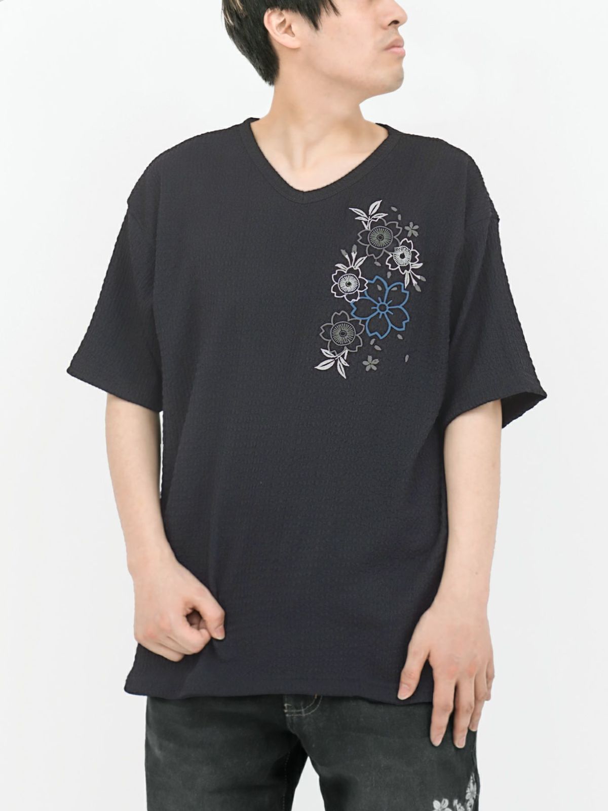 【雅結】桜刺繍 楊柳生地VネックTシャツ