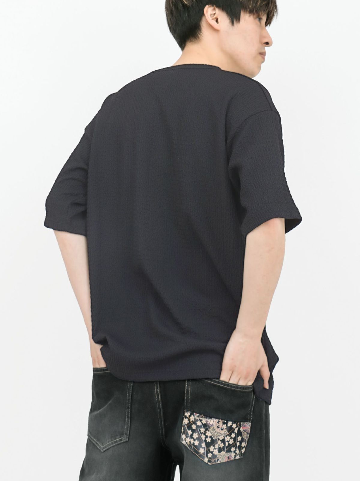 【雅結】桜刺繍 楊柳生地VネックTシャツ