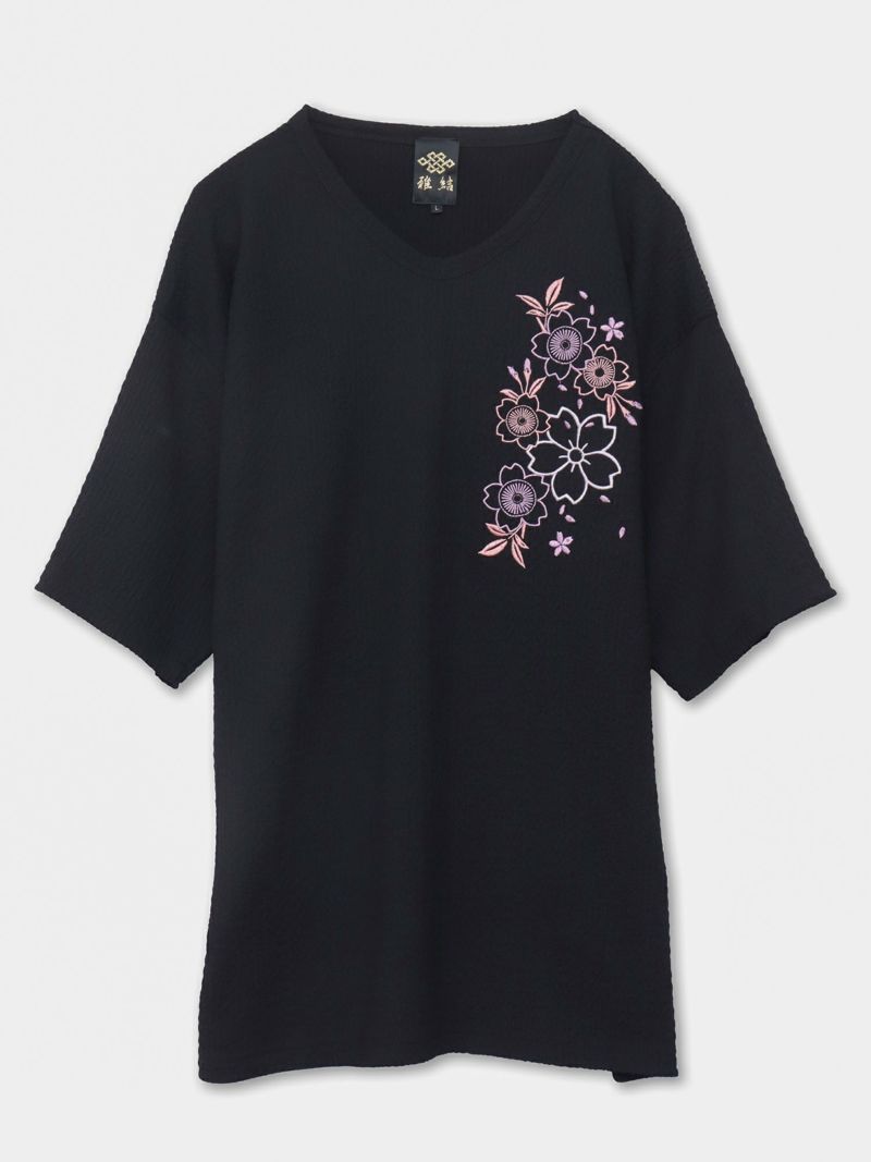 【雅結】桜刺繍 楊柳生地VネックTシャツ