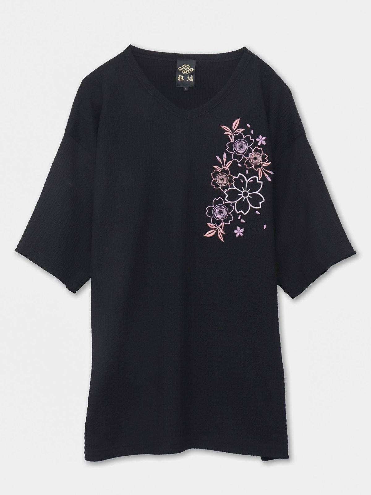 【雅結】桜刺繍 楊柳生地VネックTシャツ