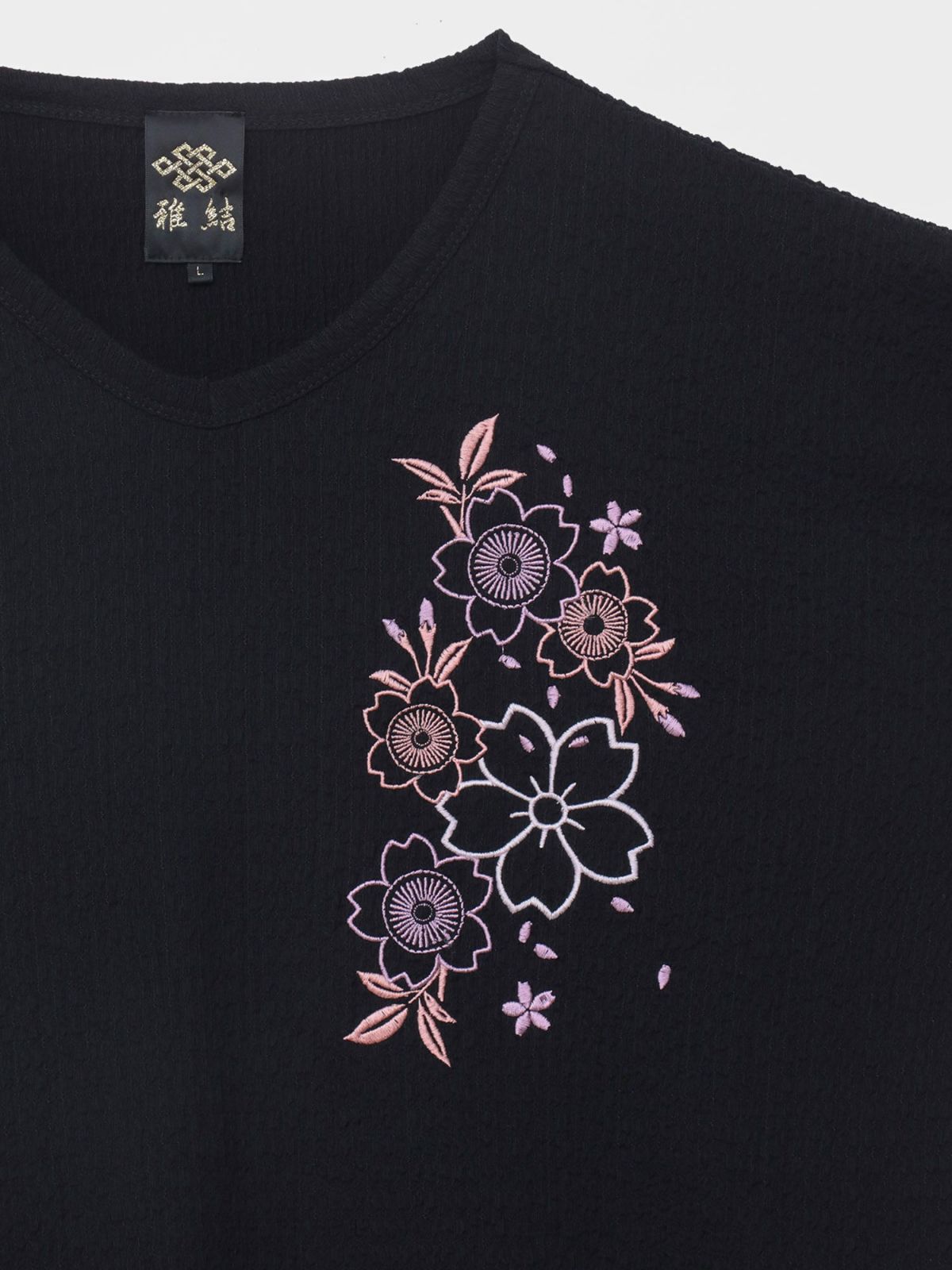 【雅結】桜刺繍 楊柳生地VネックTシャツ