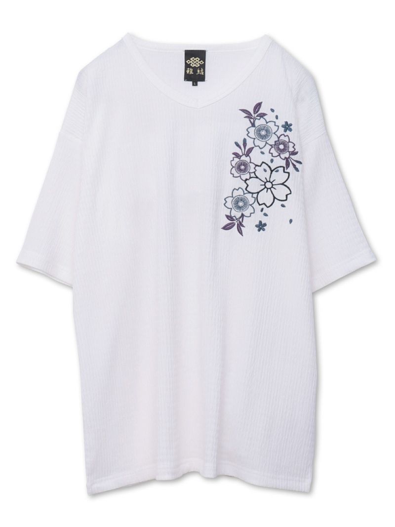 【雅結】桜刺繍 楊柳生地VネックTシャツ