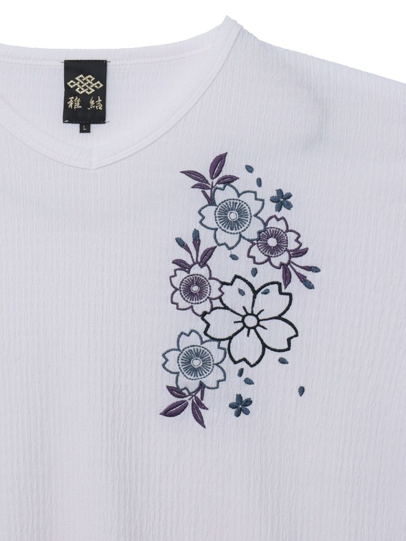 【雅結】桜刺繍 楊柳生地VネックTシャツ