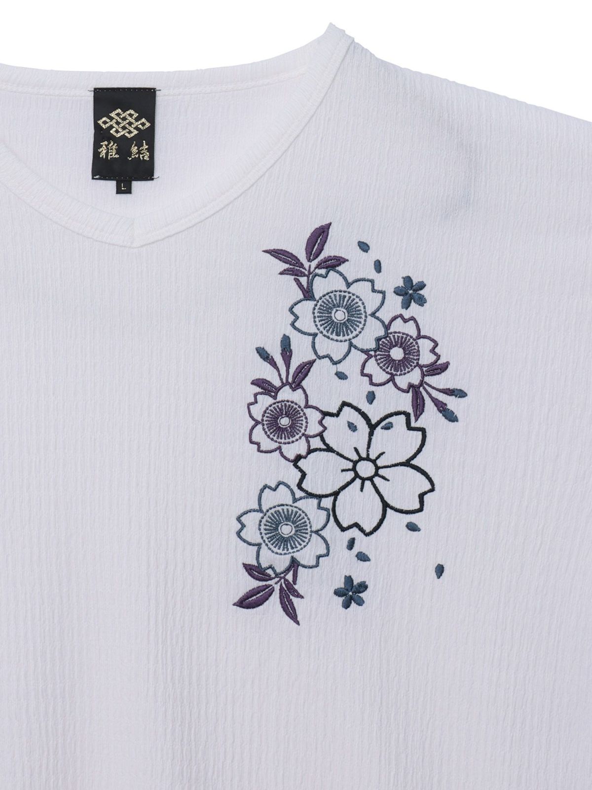 【雅結】桜刺繍 楊柳生地VネックTシャツ