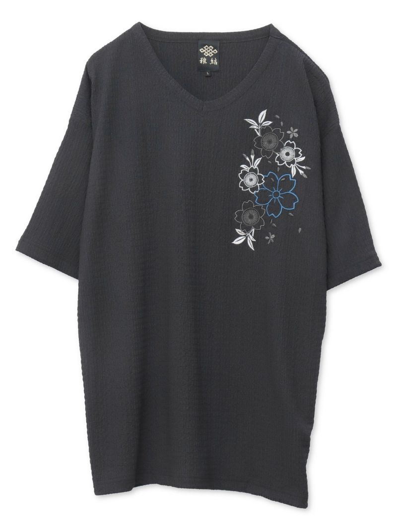 【雅結】桜刺繍 楊柳生地VネックTシャツ