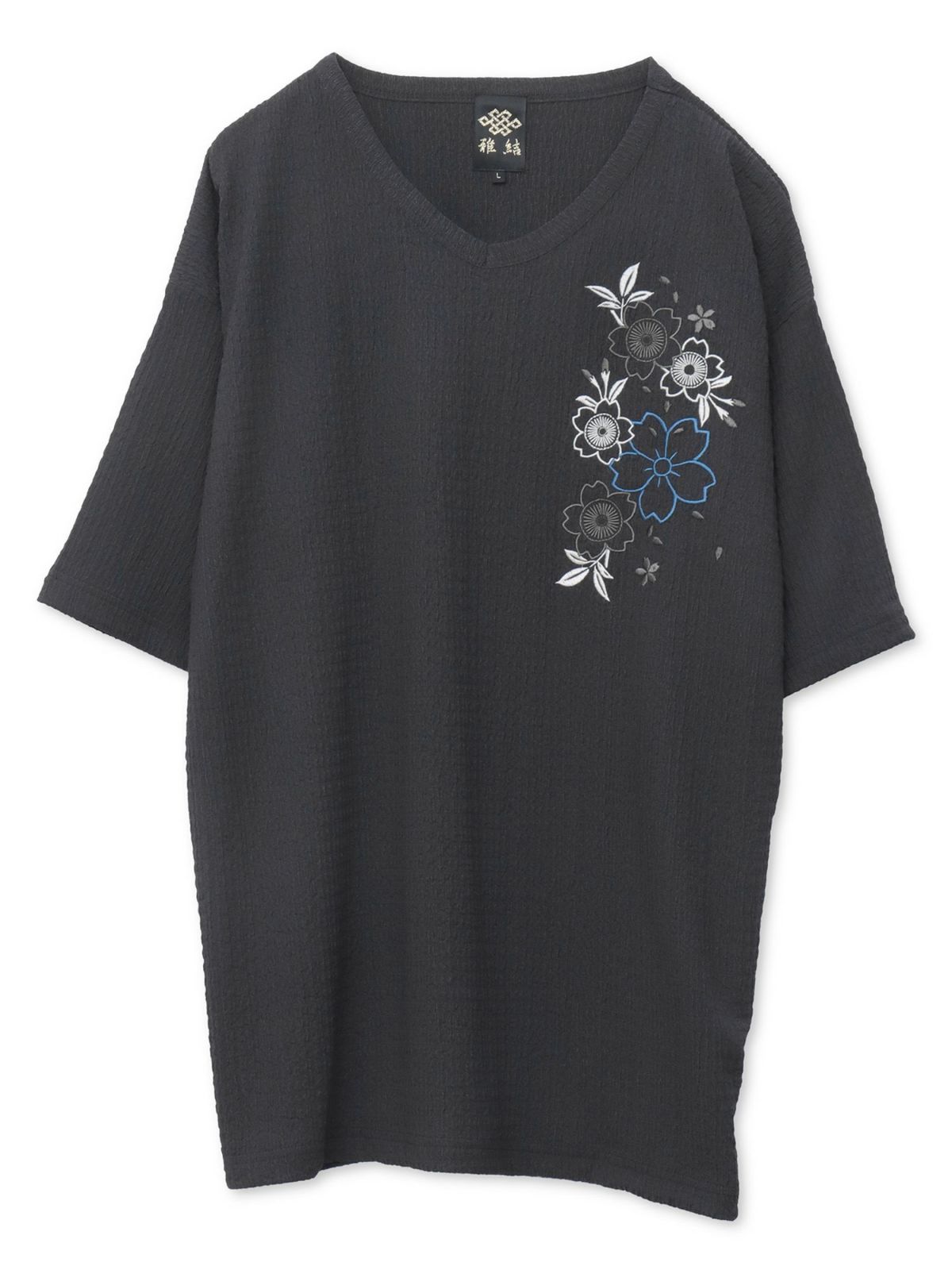 【雅結】桜刺繍 楊柳生地VネックTシャツ