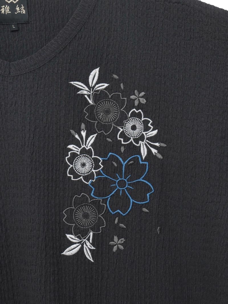 【雅結】桜刺繍 楊柳生地VネックTシャツ