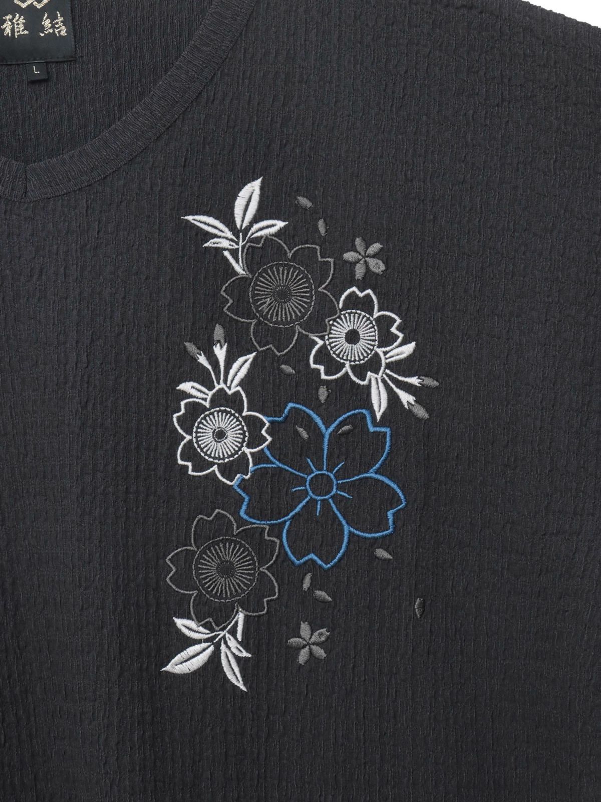 【雅結】桜刺繍 楊柳生地VネックTシャツ