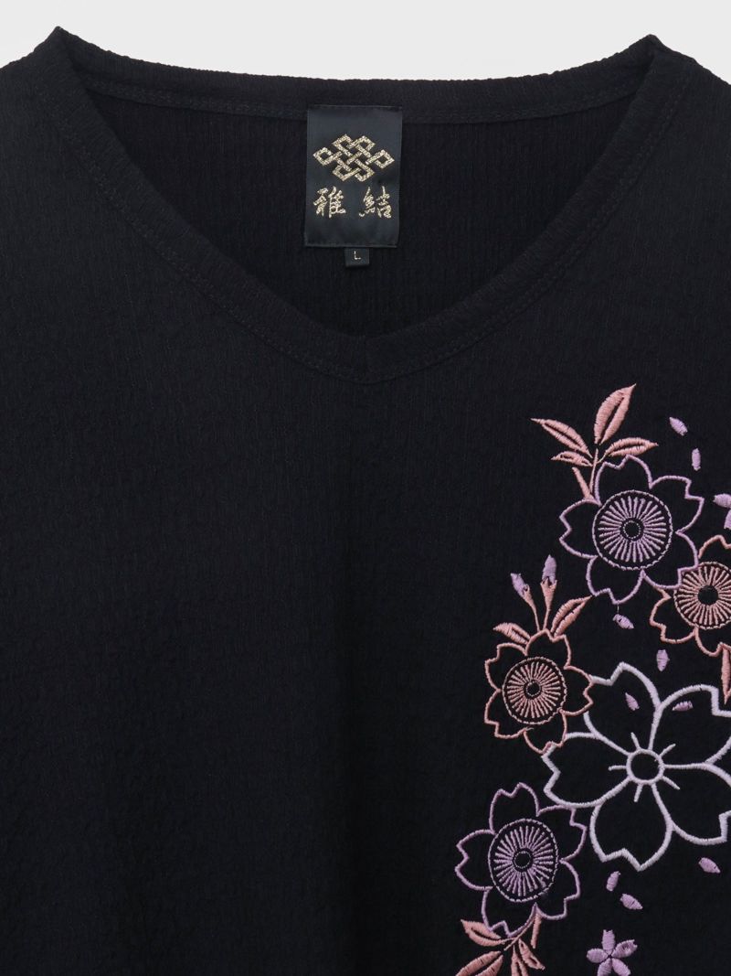 【雅結】桜刺繍 楊柳生地VネックTシャツ