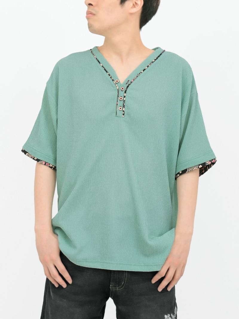 【雅結】和生地遣いY字ヘンリーネックTシャツ