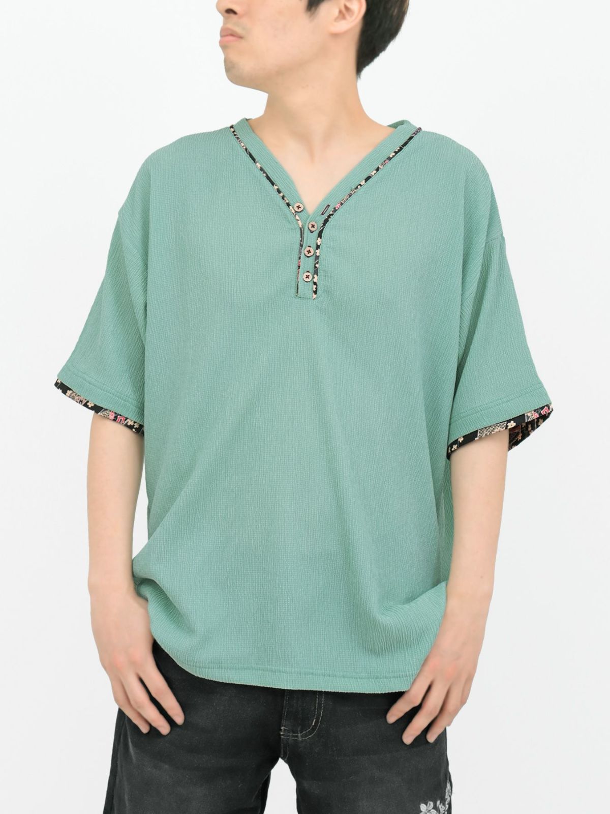 【雅結】和生地遣いY字ヘンリーネックTシャツ