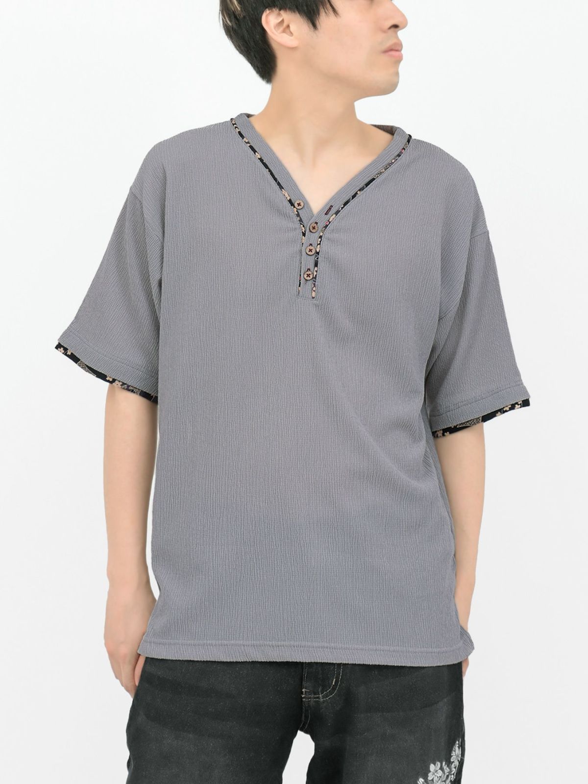 【雅結】和生地遣いY字ヘンリーネックTシャツ