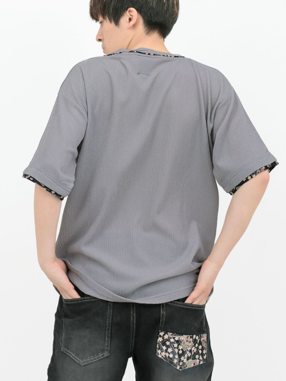 【雅結】和生地遣いY字ヘンリーネックTシャツ