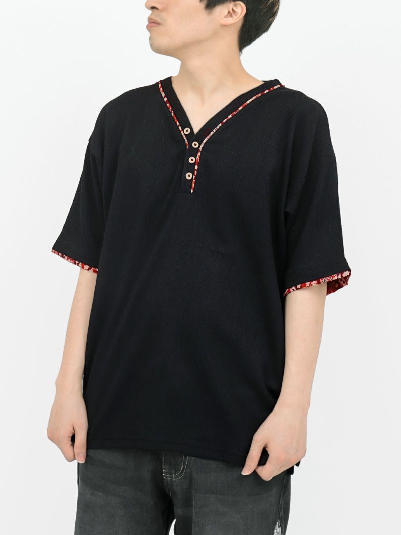 【雅結】和生地遣いY字ヘンリーネックTシャツ