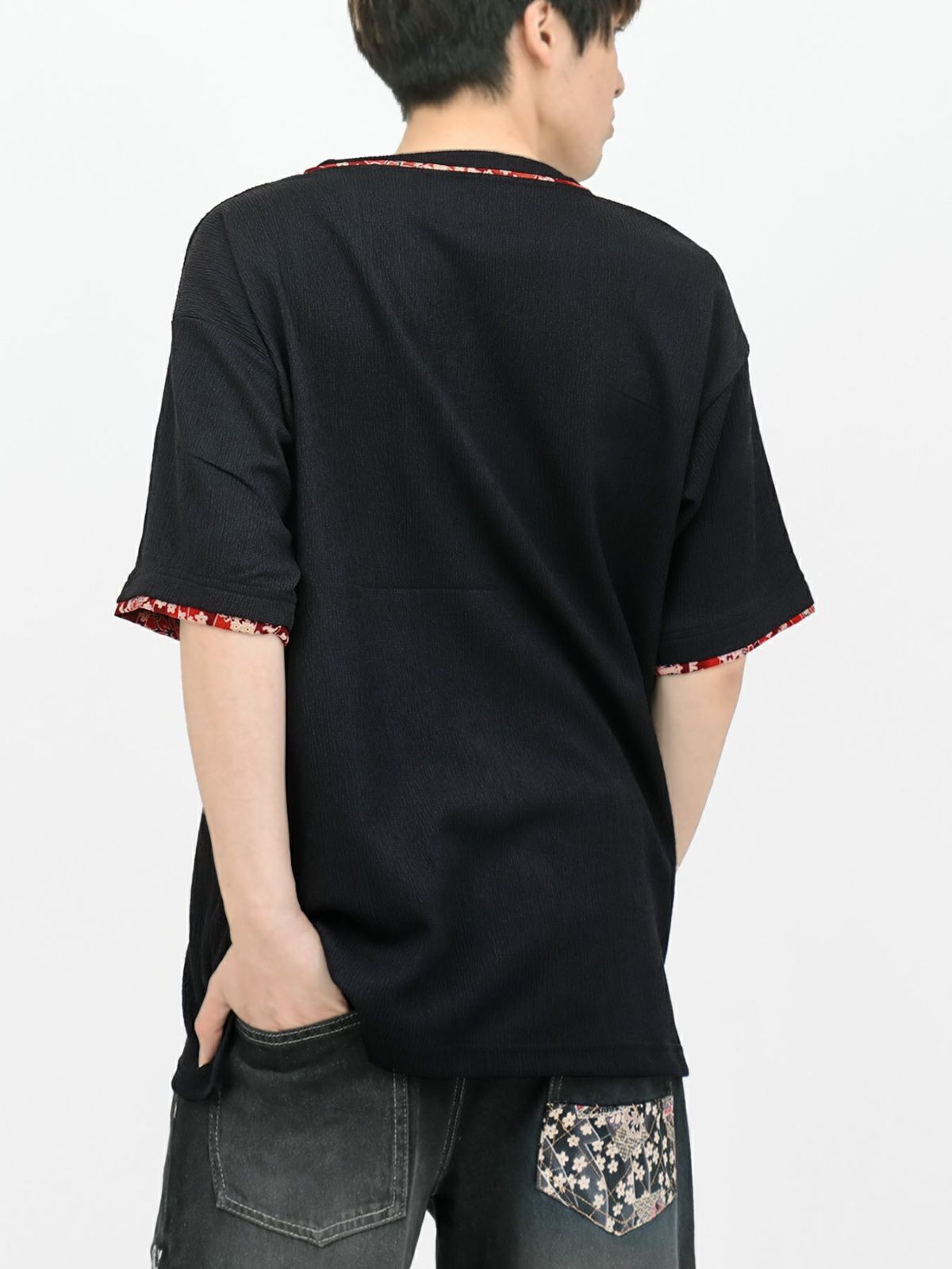 【雅結】和生地遣いY字ヘンリーネックTシャツ