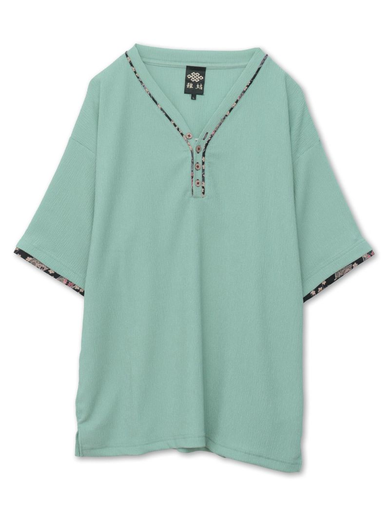 【雅結】和生地遣いY字ヘンリーネックTシャツ