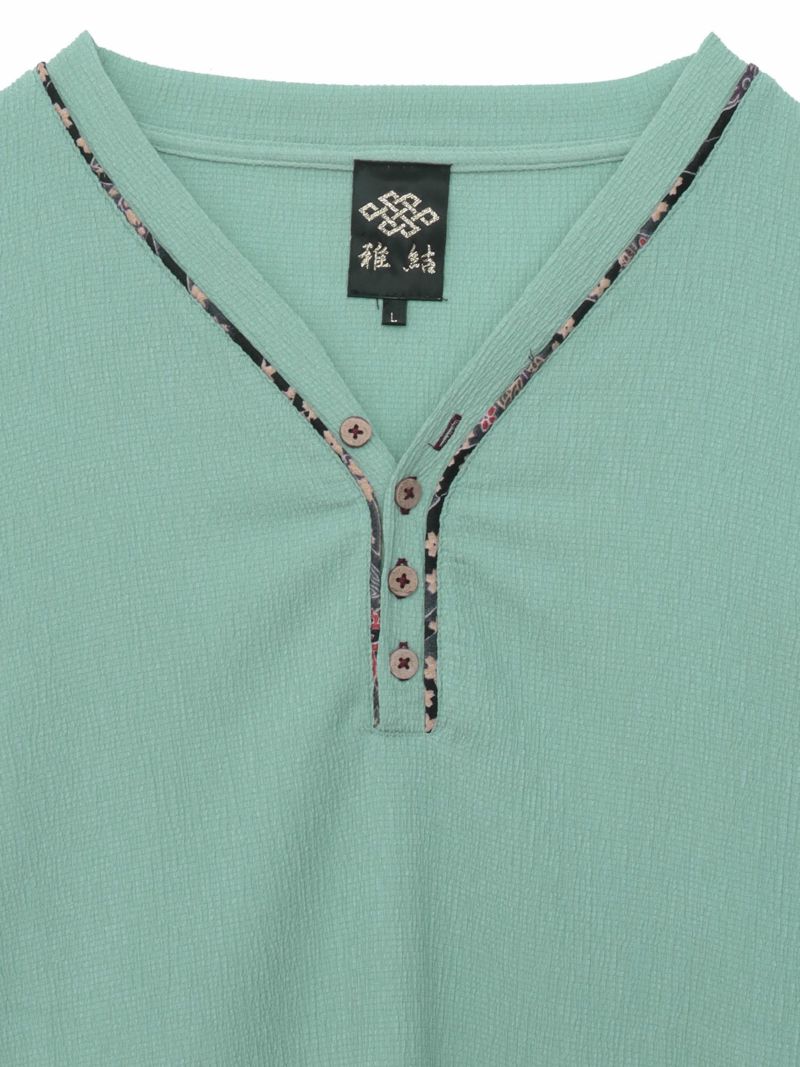 【雅結】和生地遣いY字ヘンリーネックTシャツ