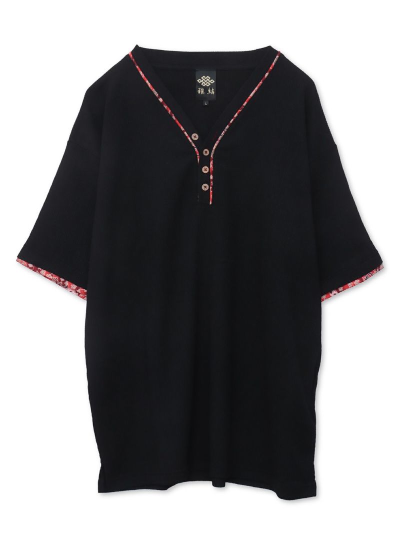 【雅結】和生地遣いY字ヘンリーネックTシャツ