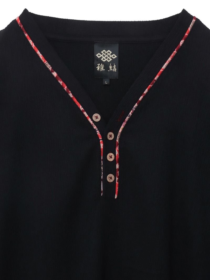 【雅結】和生地遣いY字ヘンリーネックTシャツ