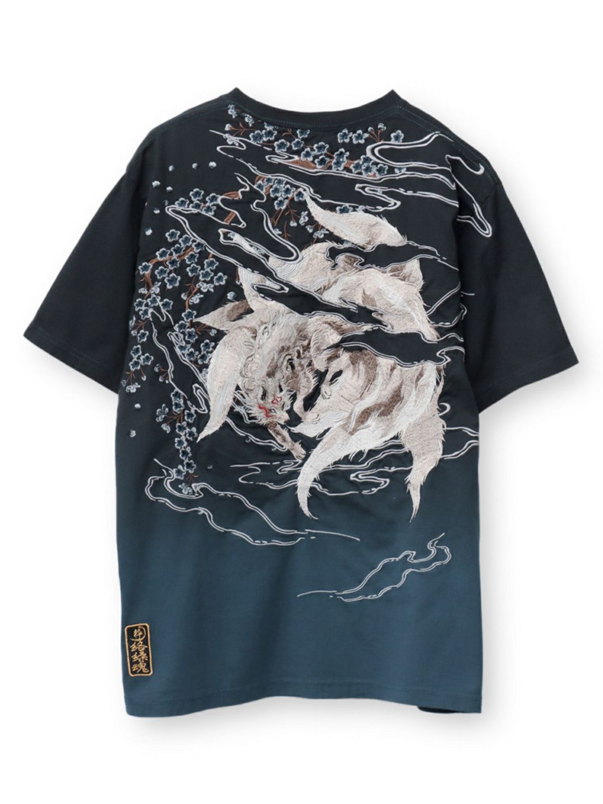 【絡繰魂・粋】“枝垂れ桜と九尾の狐”総刺繍 段染めグラデーションTシャツ