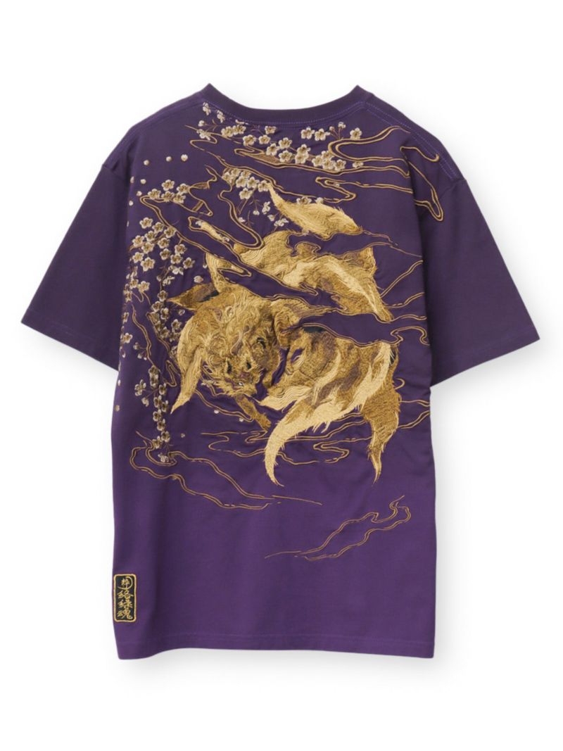 【絡繰魂・粋】“枝垂れ桜と九尾の狐”総刺繍 段染めグラデーションTシャツ