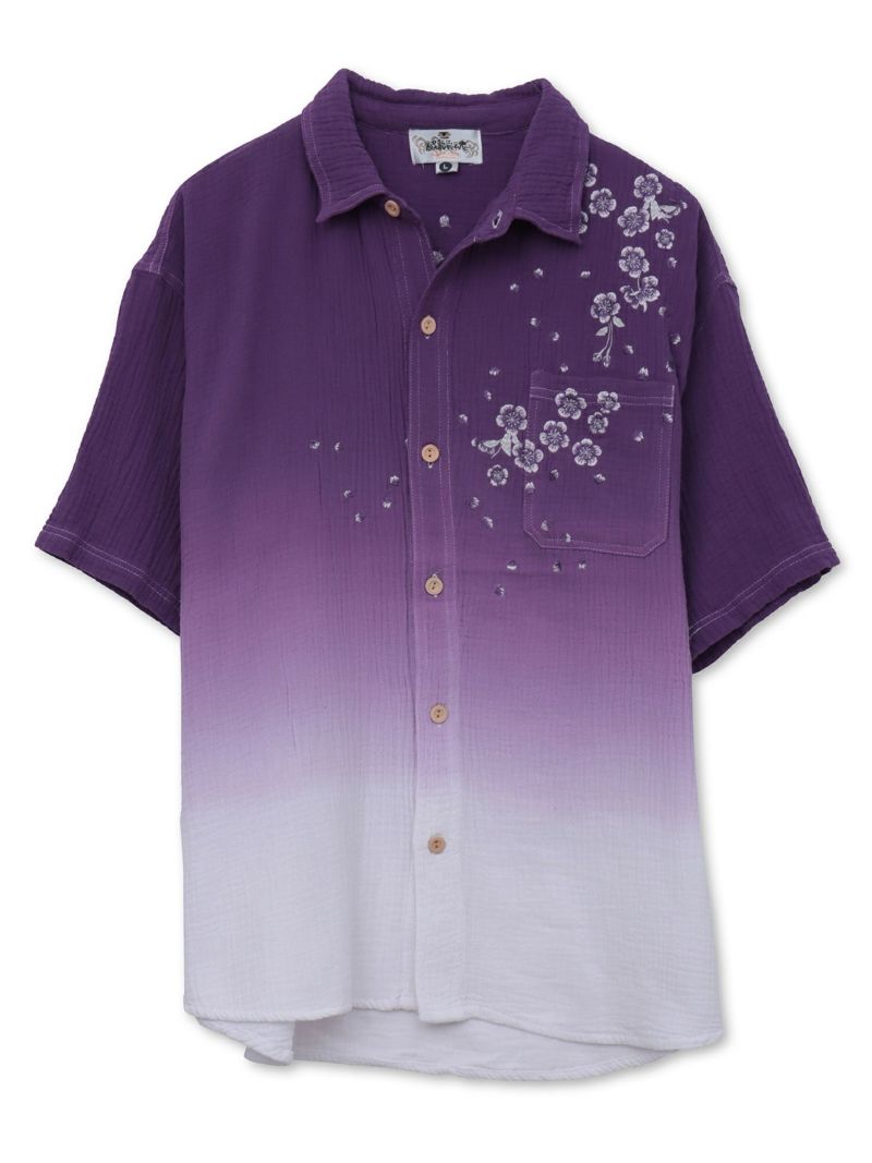 【絡繰魂】“夜桜”総刺繍ガーゼ素材 段染めグラデーション半袖シャツ