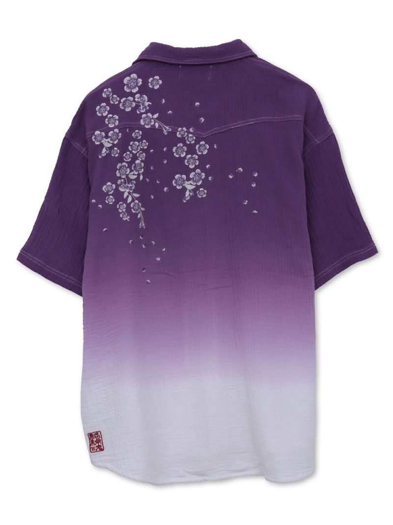 【絡繰魂】“夜桜”総刺繍ガーゼ素材 段染めグラデーション半袖シャツ