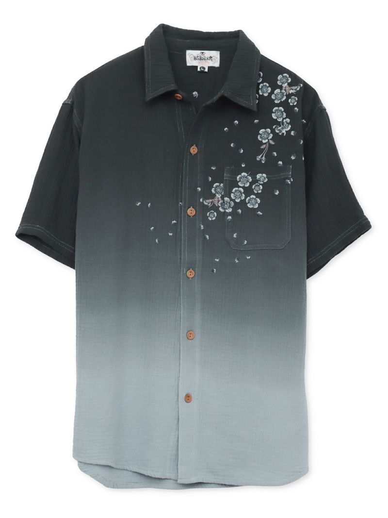 【絡繰魂】“夜桜”総刺繍ガーゼ素材 段染めグラデーション半袖シャツ