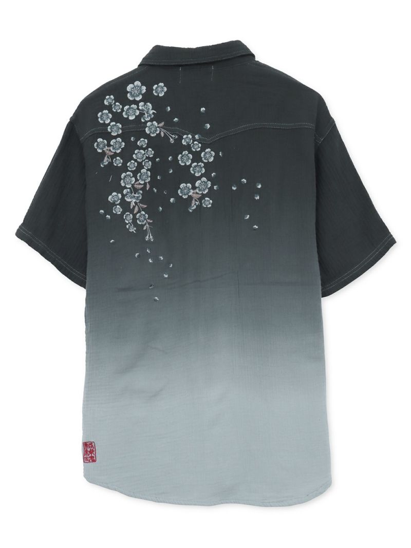 【絡繰魂】“夜桜”総刺繍ガーゼ素材 段染めグラデーション半袖シャツ