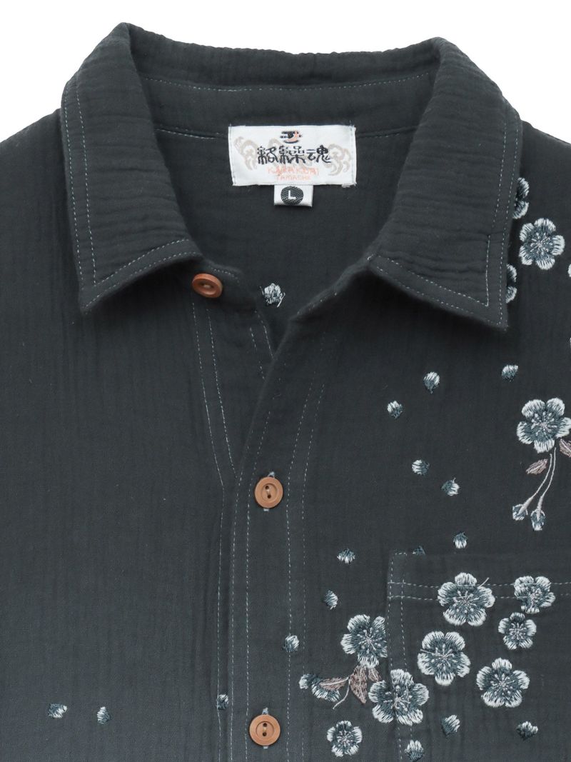 【絡繰魂】“夜桜”総刺繍ガーゼ素材 段染めグラデーション半袖シャツ