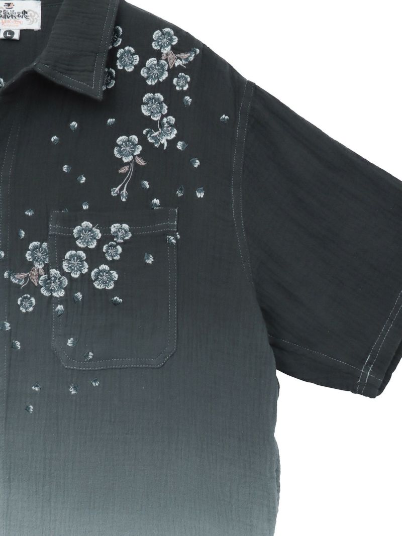 【絡繰魂】“夜桜”総刺繍ガーゼ素材 段染めグラデーション半袖シャツ