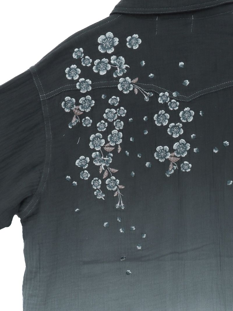 【絡繰魂】“夜桜”総刺繍ガーゼ素材 段染めグラデーション半袖シャツ