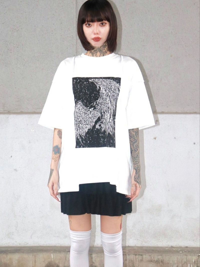 【DAKU】カラスプリント 変形Tシャツ