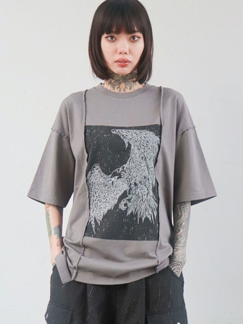 【DAKU】カラスプリント 変形Tシャツ