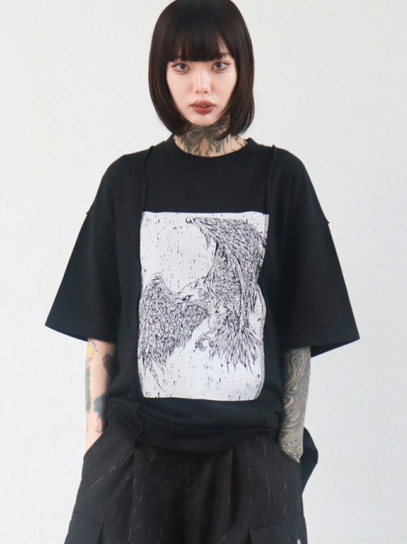 【DAKU】カラスプリント 変形Tシャツ