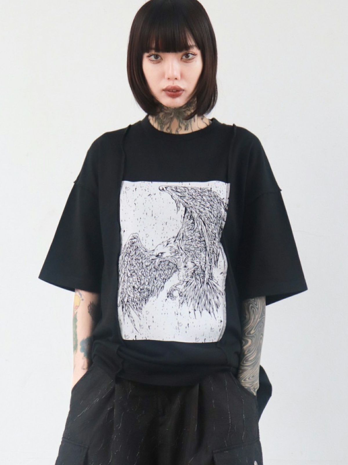 【DAKU】カラスプリント 変形Tシャツ