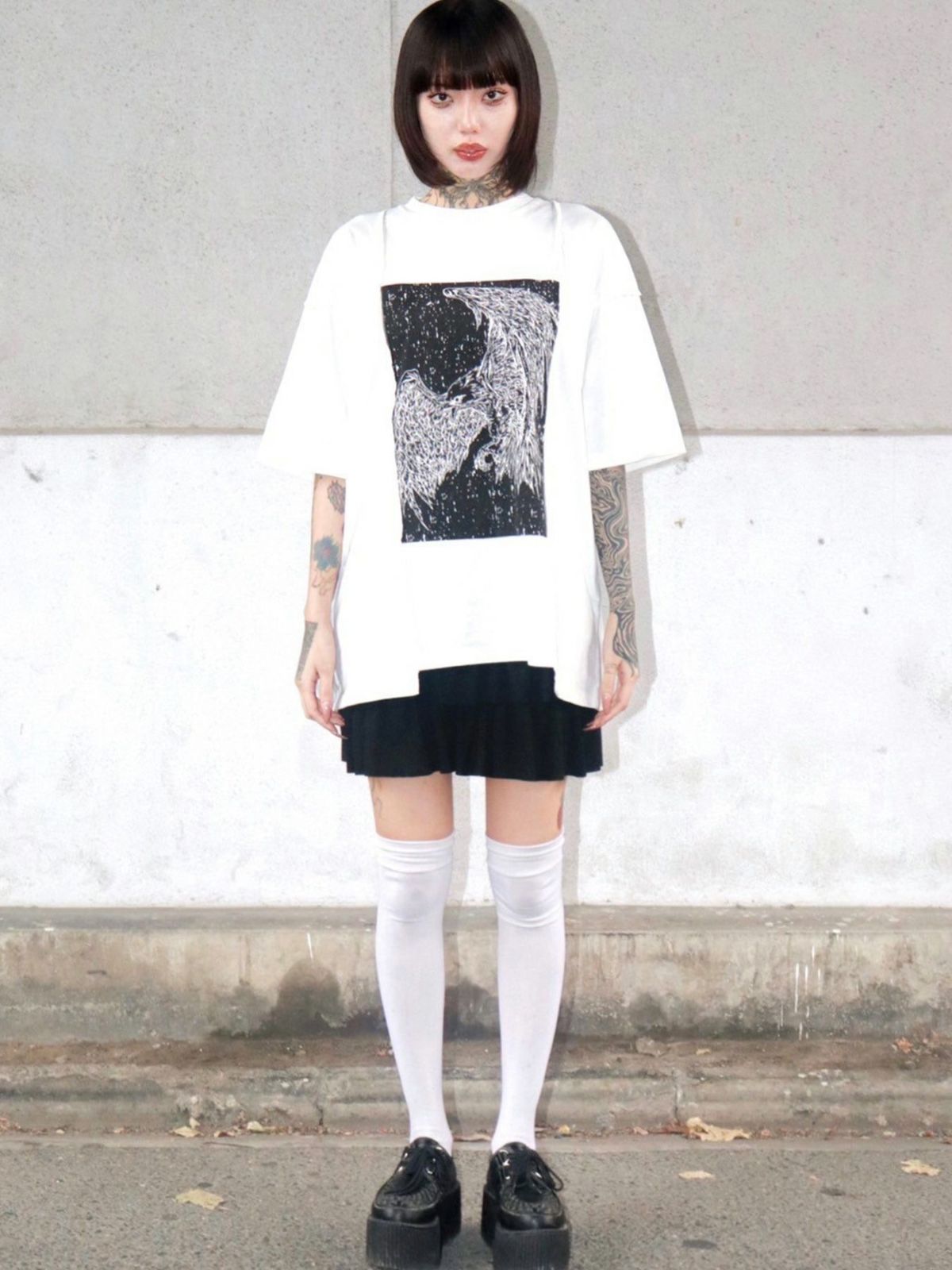 【DAKU】カラスプリント 変形Tシャツ