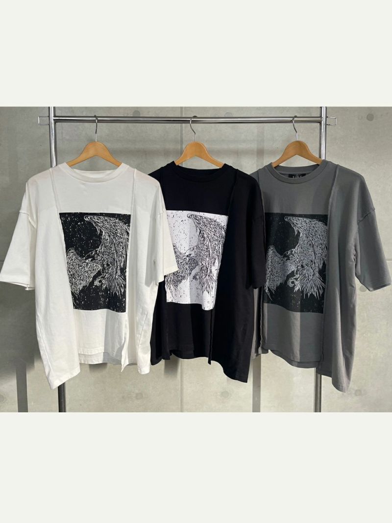 【DAKU】カラスプリント 変形Tシャツ