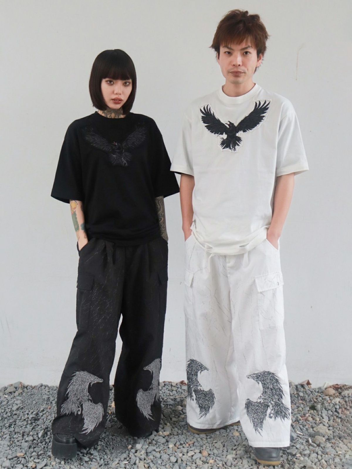 【DAKU】カラス刺繍 ダメージ加工Tシャツ