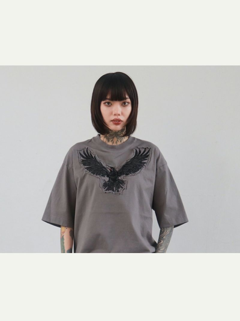 【DAKU】カラス刺繍 ダメージ加工Tシャツ