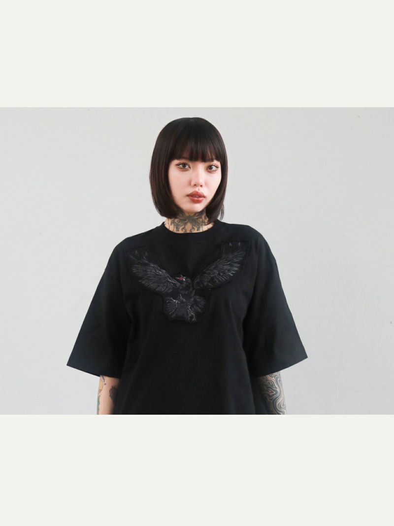 【DAKU】カラス刺繍 ダメージ加工Tシャツ