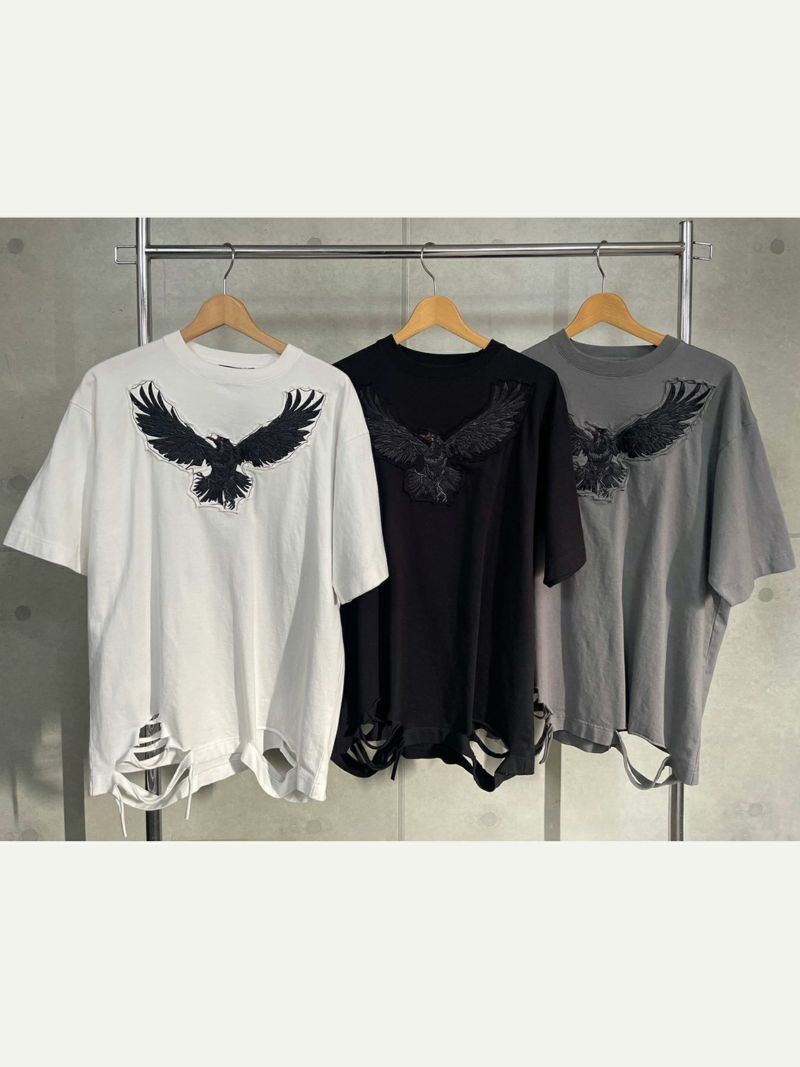 【DAKU】カラス刺繍 ダメージ加工Tシャツ