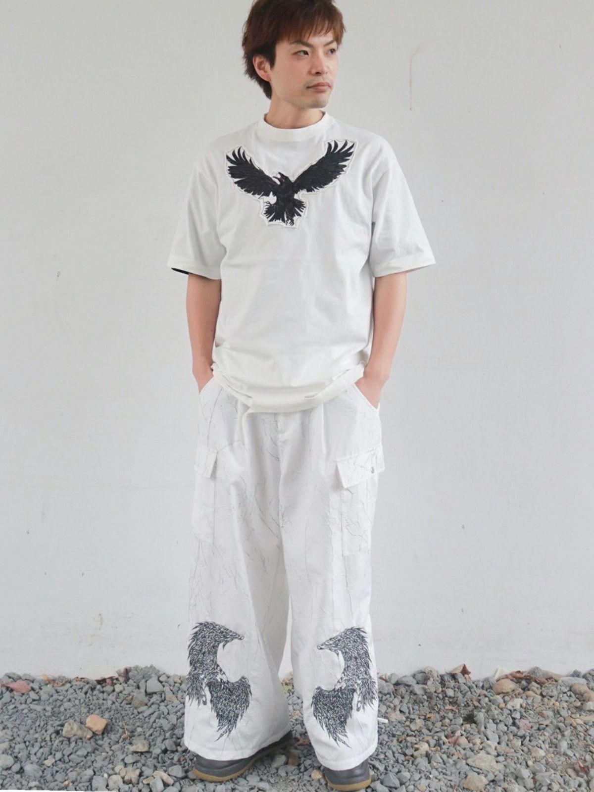 【DAKU】カラス刺繍 ダメージ加工Tシャツ