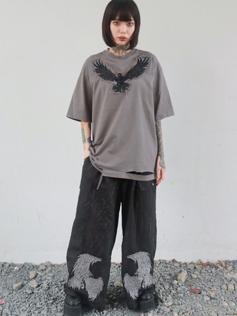 【DAKU】カラス刺繍 ダメージ加工Tシャツ