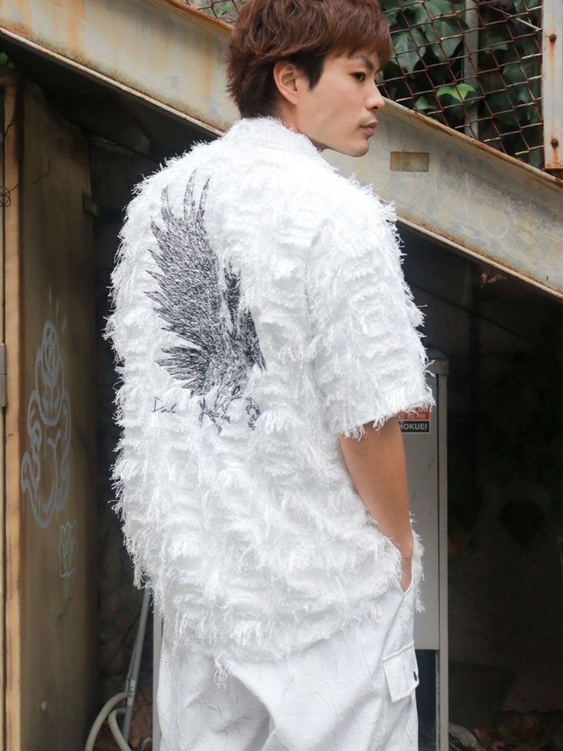 【DAKU】カラス刺繍シアー素材 半袖シャギーシャツ